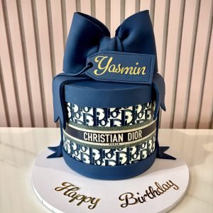 luxury blue designer inspired birthday cake with bow and personalised name