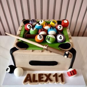 realistic pool table birthday cake with billiards theme and fondant finish by Sweet Story cake studio