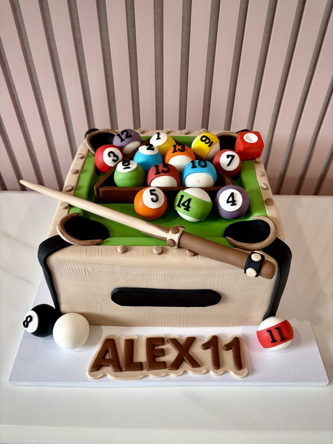 realistic pool table birthday cake with billiards theme and fondant finish by Sweet Story cake studio