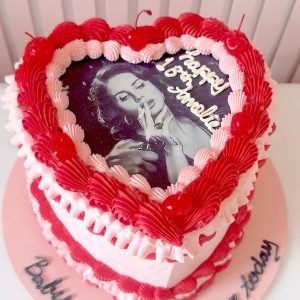 Vintage heart cake with edible photo and red buttercream piping by Sweet Story cake studio