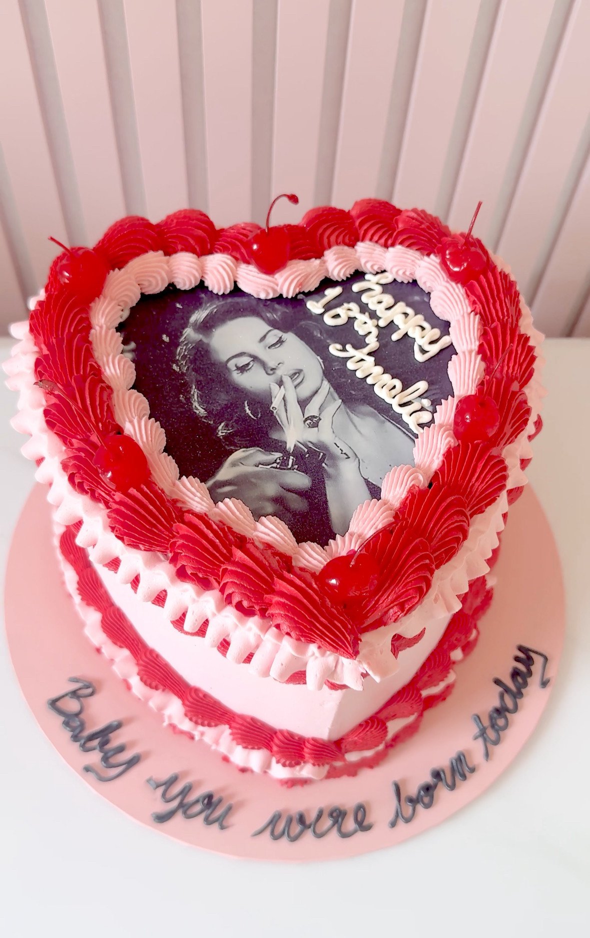 Vintage heart cake with edible photo and red buttercream piping by Sweet Story cake studio